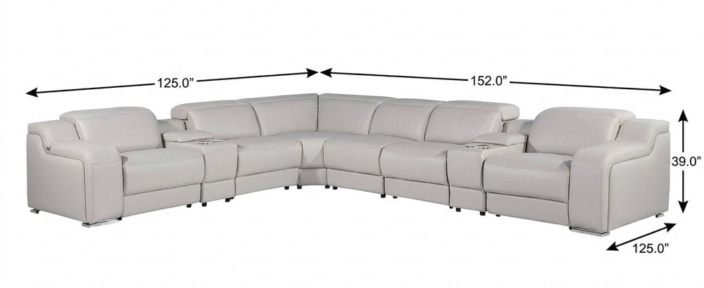 Light Gray Italian Leather Power Reclining L Shaped Eight Piece Corner Sectional With Console