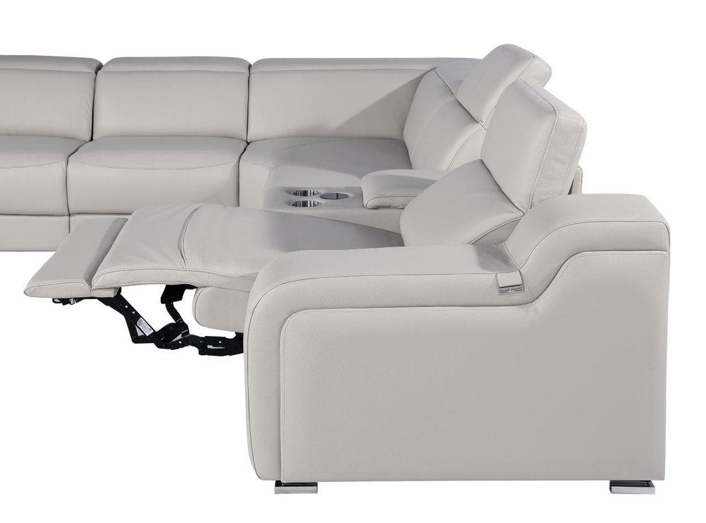 Light Gray Italian Leather Power Reclining L Shaped Eight Piece Corner Sectional With Console