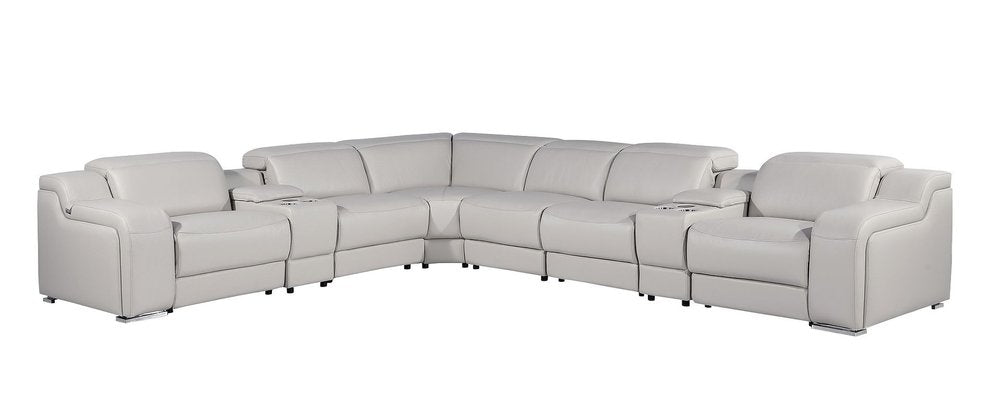 Light Gray Italian Leather Power Reclining L Shaped Eight Piece Corner Sectional With Console