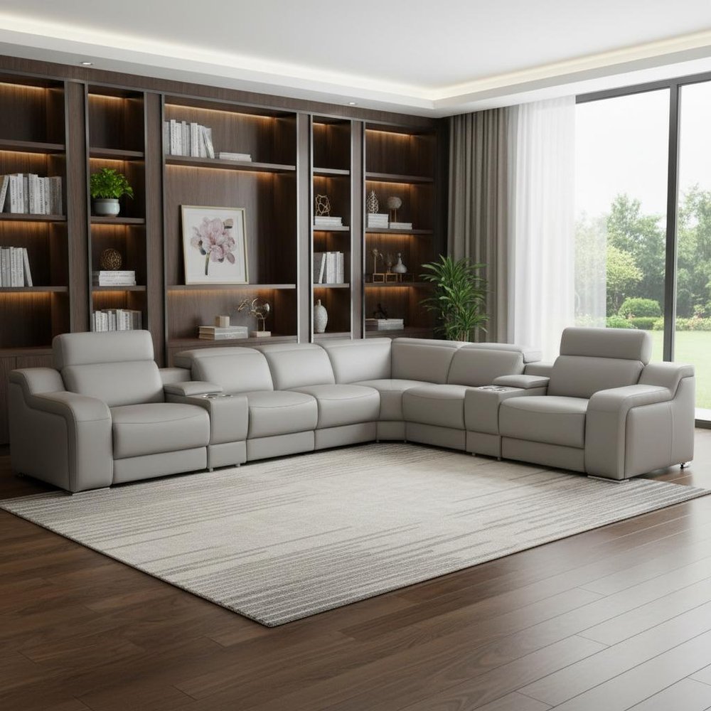 Light Gray Italian Leather Power Reclining L Shaped Eight Piece Corner Sectional With Console
