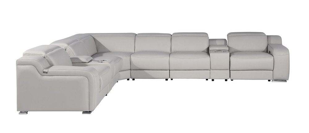 Light Gray Italian Leather Power Reclining L Shaped Eight Piece Corner Sectional With Console