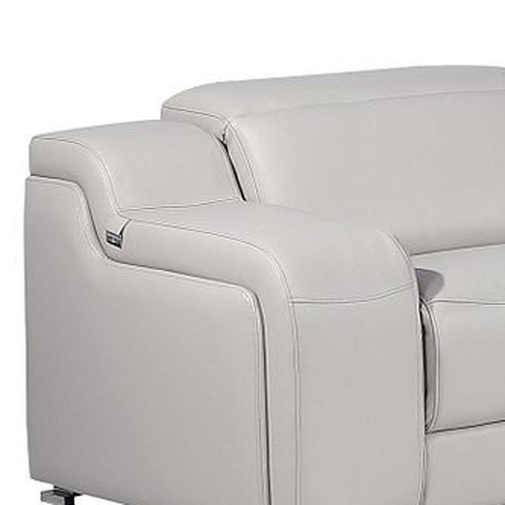 Light Gray Italian Leather Power Reclining L Shaped Eight Piece Corner Sectional With Console