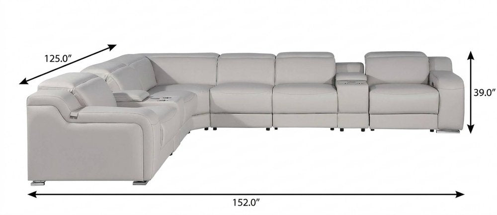 Light Gray Italian Leather Power Reclining L Shaped Eight Piece Corner Sectional With Console