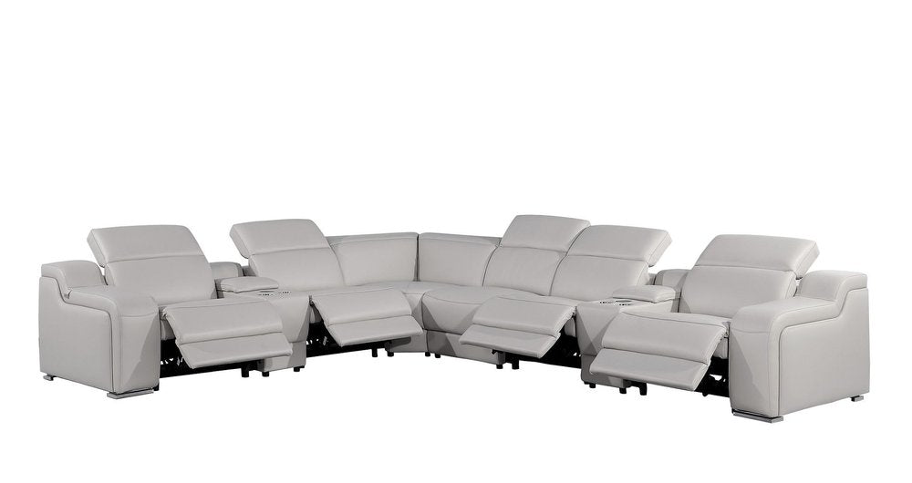 Light Gray Italian Leather Power Reclining L Shaped Eight Piece Corner Sectional With Console