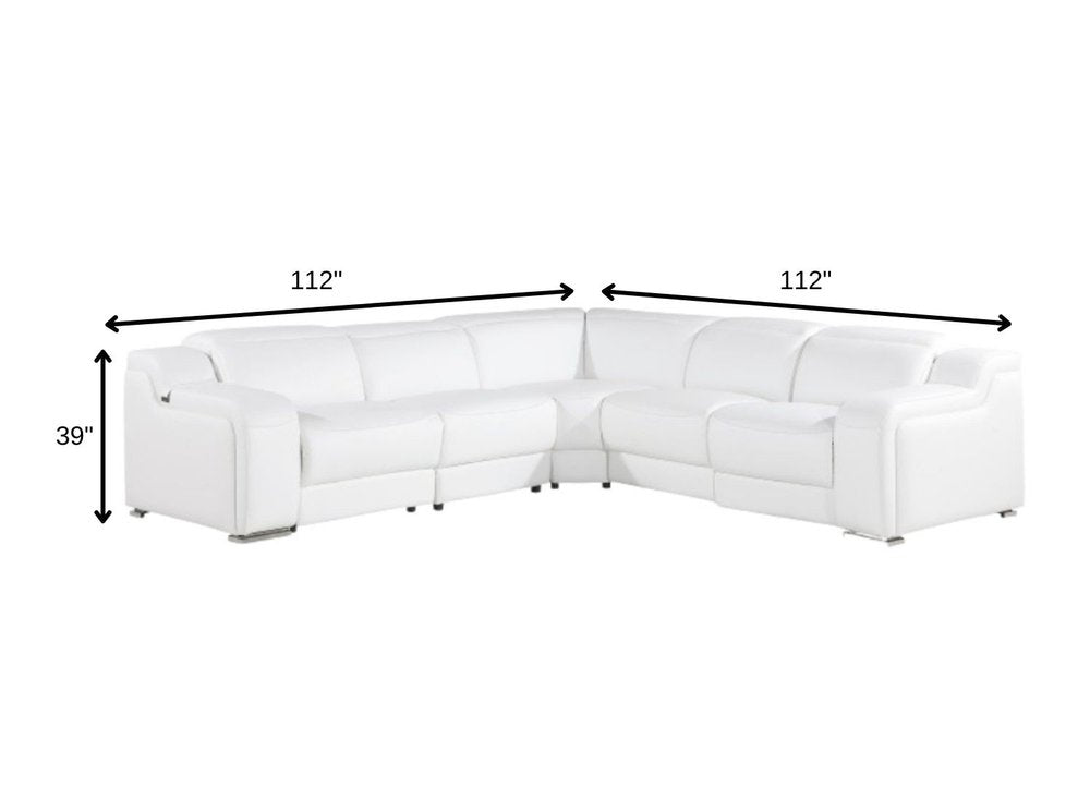 White Italian Leather Power Reclining L Shaped Five Piece Corner Sectional on a white background