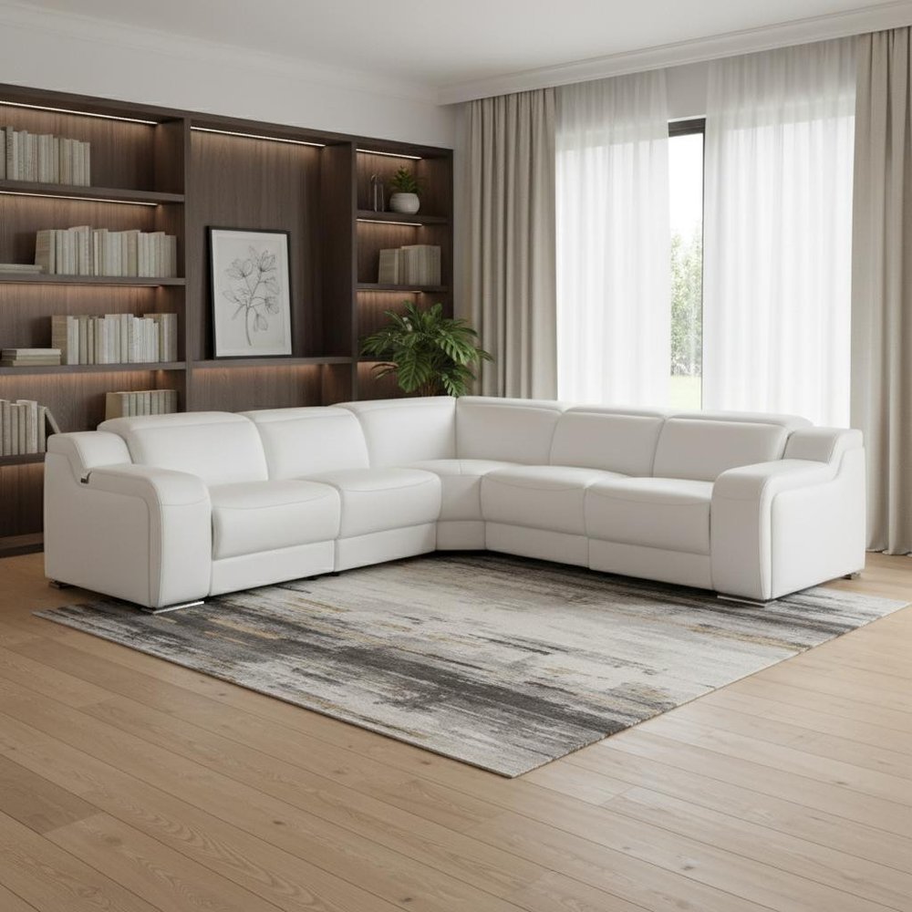 White Italian Leather Power Reclining L Shaped Five Piece Corner Sectional - 39" H x 112" W x 112" D