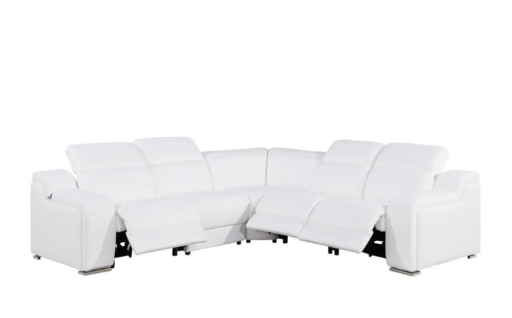White Italian leather L-shaped five-piece power reclining sectional sofa on a white background.