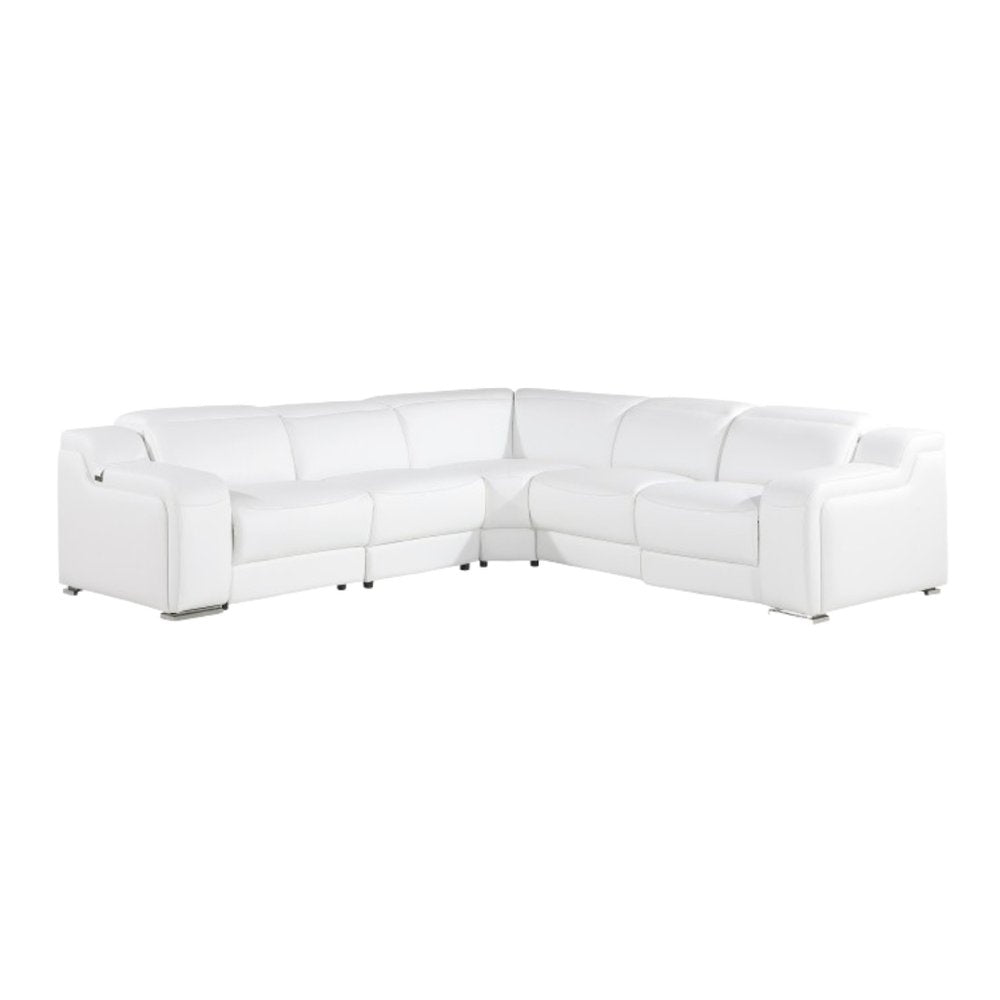 White Italian Leather Power Reclining L Shaped Five Piece Corner Sectional - 39" H x 112" W x 112" D