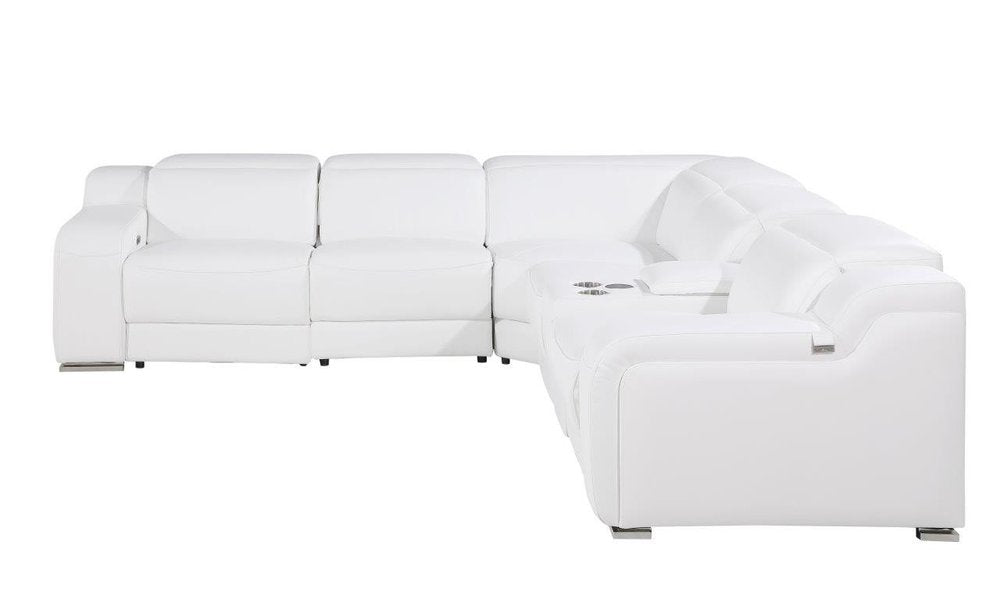 White Italian Leather Power Reclining L Shaped Six Piece Corner Sectional With Console on a white background