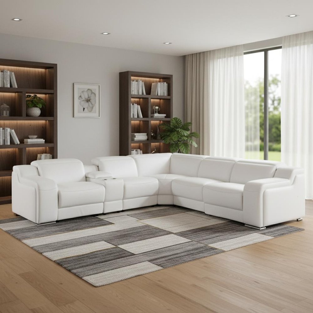White Italian Leather Power Reclining L Shaped Six Piece Corner Sectional With Console in a home interior