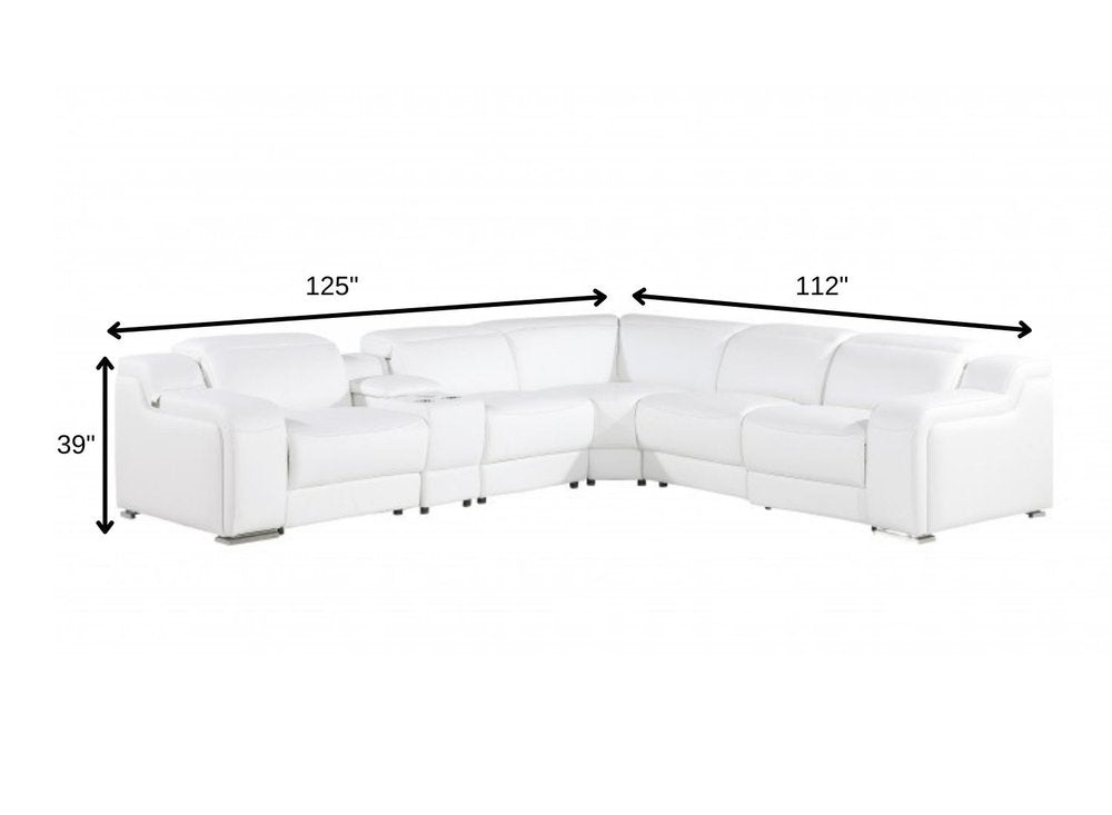 White Italian Leather Power Reclining L Shaped Six Piece Corner Sectional With Console on a white background