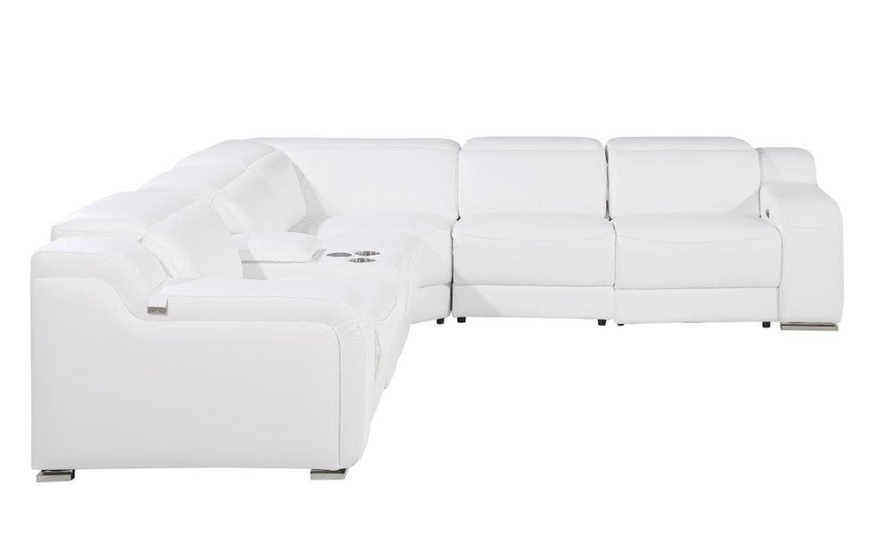 White Italian leather L-shaped six-piece power reclining sectional sofa with console and cup holders on a white background.