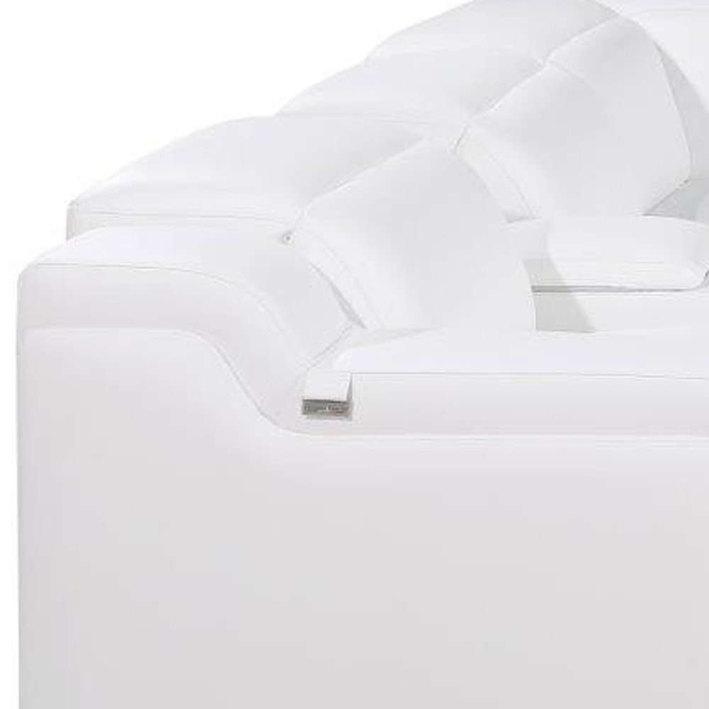 White Italian Leather Power Reclining L Shaped Six Piece Corner Sectional With Console on a white background