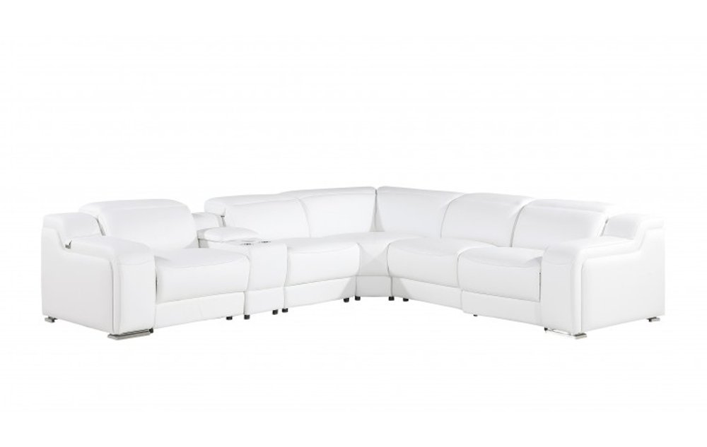 White Italian Leather Power Reclining L Shaped Six Piece Corner Sectional With Console on a white background