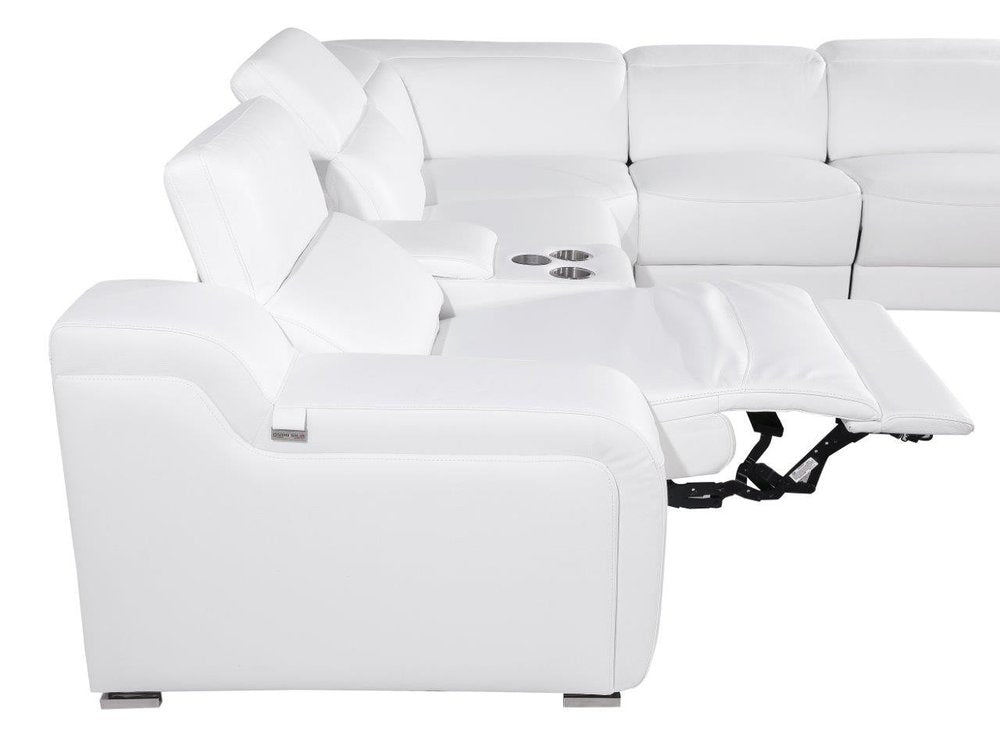 White Italian leather 3 power reclining seats L shaped Seven Piece Corner Sectional With Console on a white background