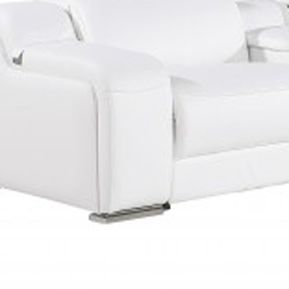 White Italian leather 3 power reclining seats L shaped Seven Piece Corner Sectional With Console on a white background