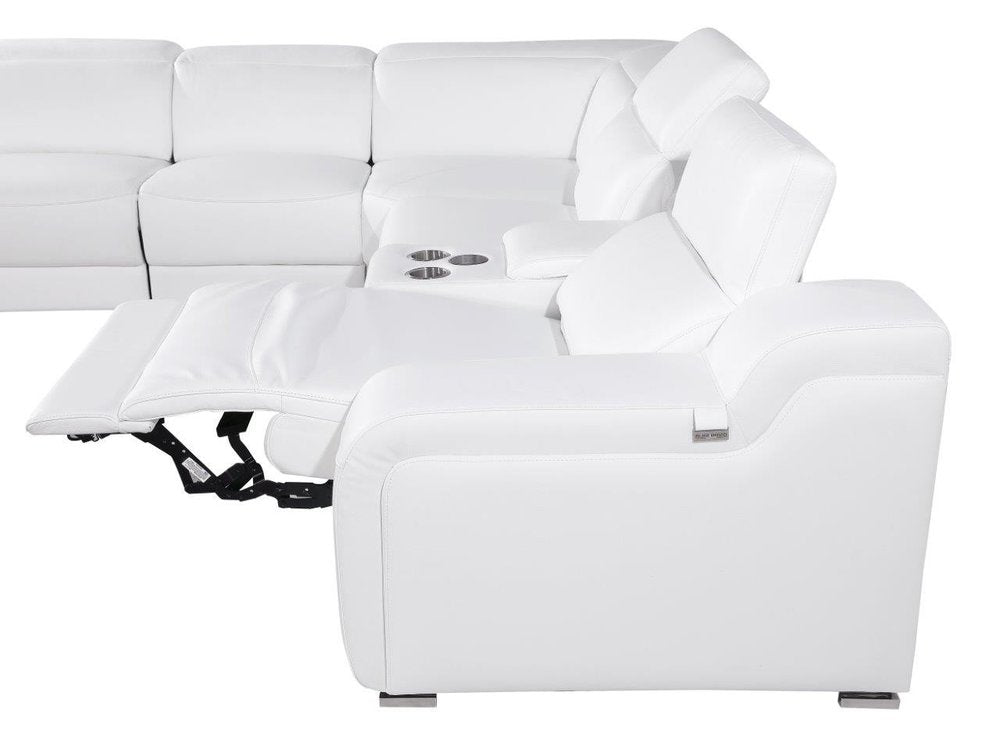 White Italian leather 3 power reclining seats L shaped Seven Piece Corner Sectional With Console on a white background