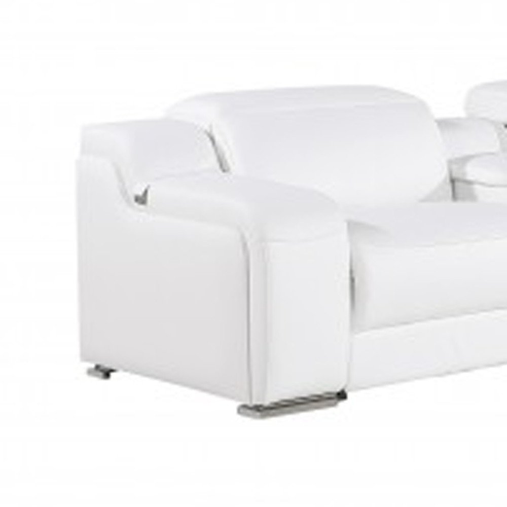 White Italian leather 4 power reclining seats L shaped Seven Piece Corner Sectional With Console on a white background