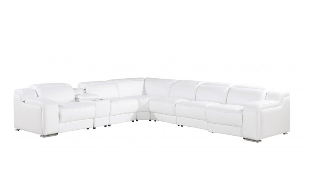 White Italian leather 4 power reclining seats L shaped Seven Piece Corner Sectional With Console on a white background