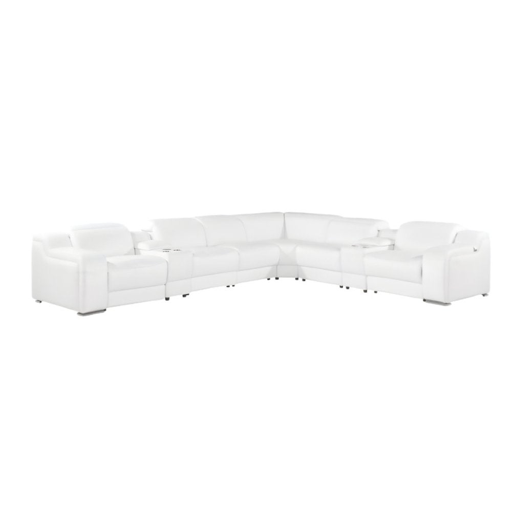White Italian Leather 3 Power Reclining L Shaped Eight Piece Corner Sectional With Console on a white background