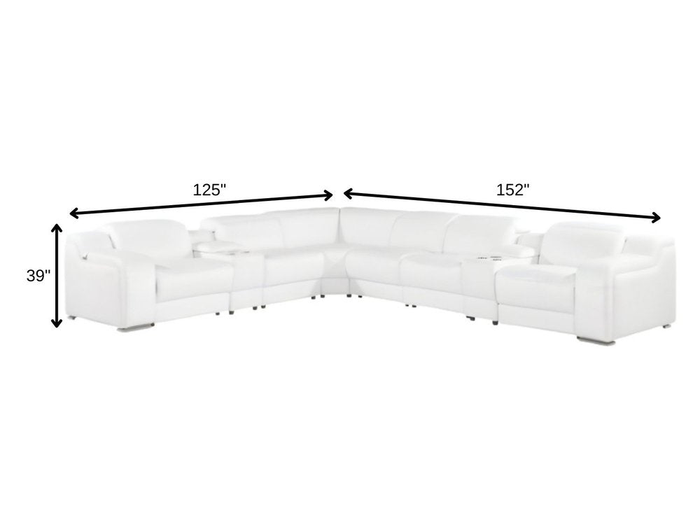 White Italian Leather 4 Power Reclining L Shaped Eight Piece Corner Sectional With Console on a white background
