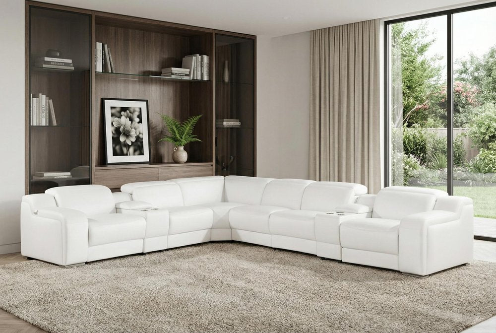 White Italian Leather 4 Power Reclining L Shaped Eight Piece Corner Sectional With Console in a home interior