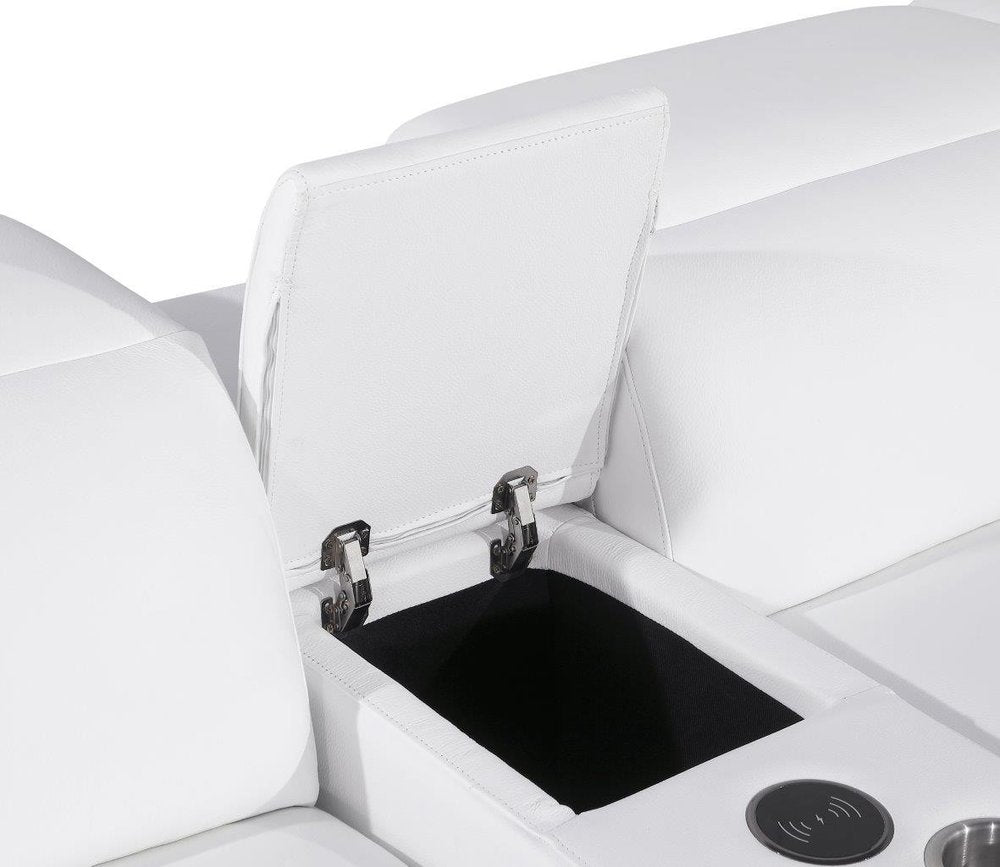 White Italian Leather 4 Power Reclining L Shaped Eight Piece Corner Sectional With Console on a white background