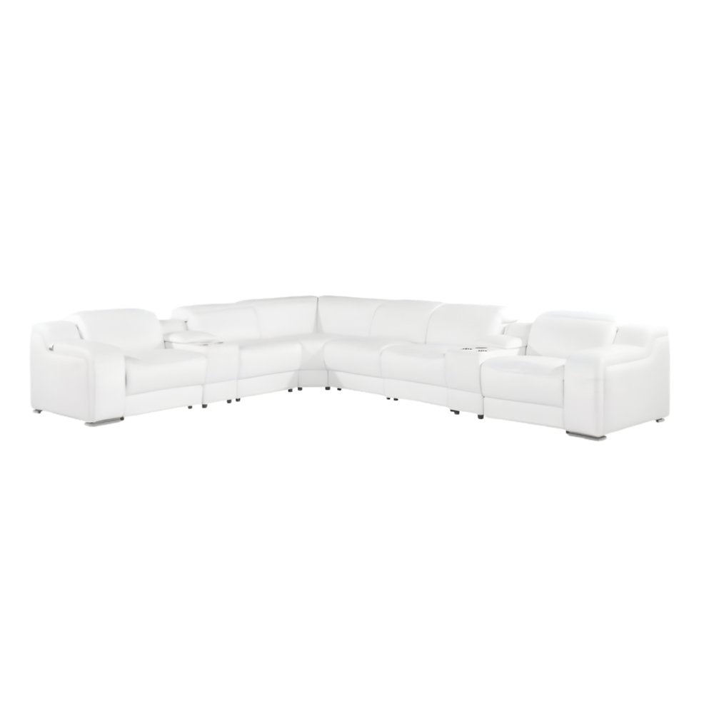 White Italian Leather 4 Power Reclining L Shaped Eight Piece Corner Sectional With Console on a white background