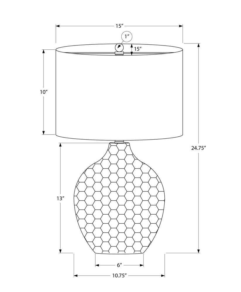 25" Brown Geometric Table Lamp With Black Drum Shade. Table lamp isolated on a plain white background.