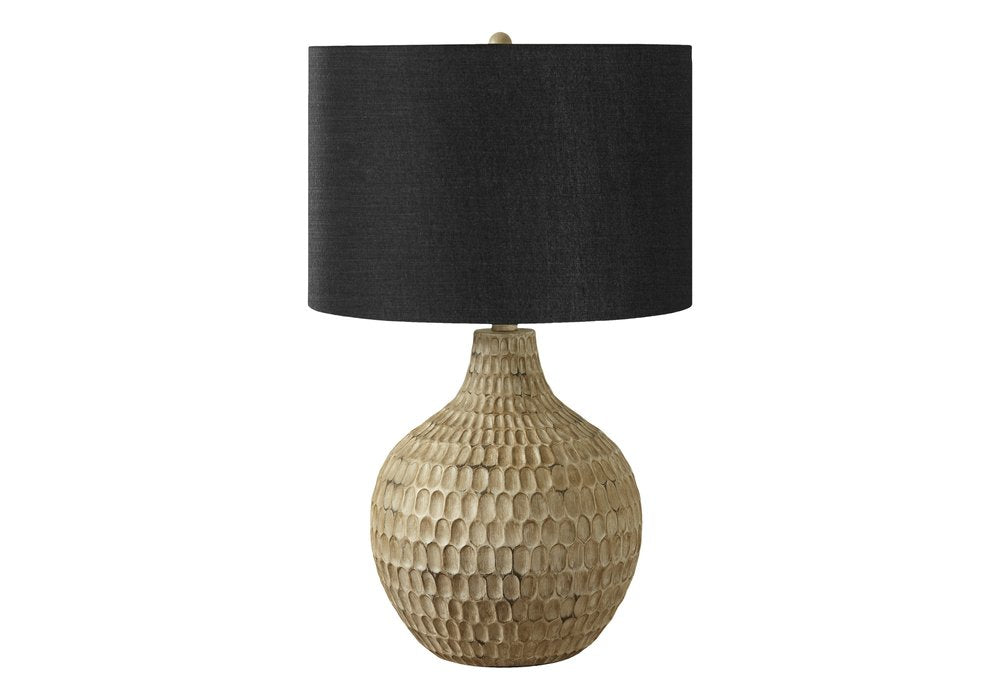 25" Brown Geometric Table Lamp With Black Drum Shade. Table lamp isolated on a plain white background, showing its black color.
