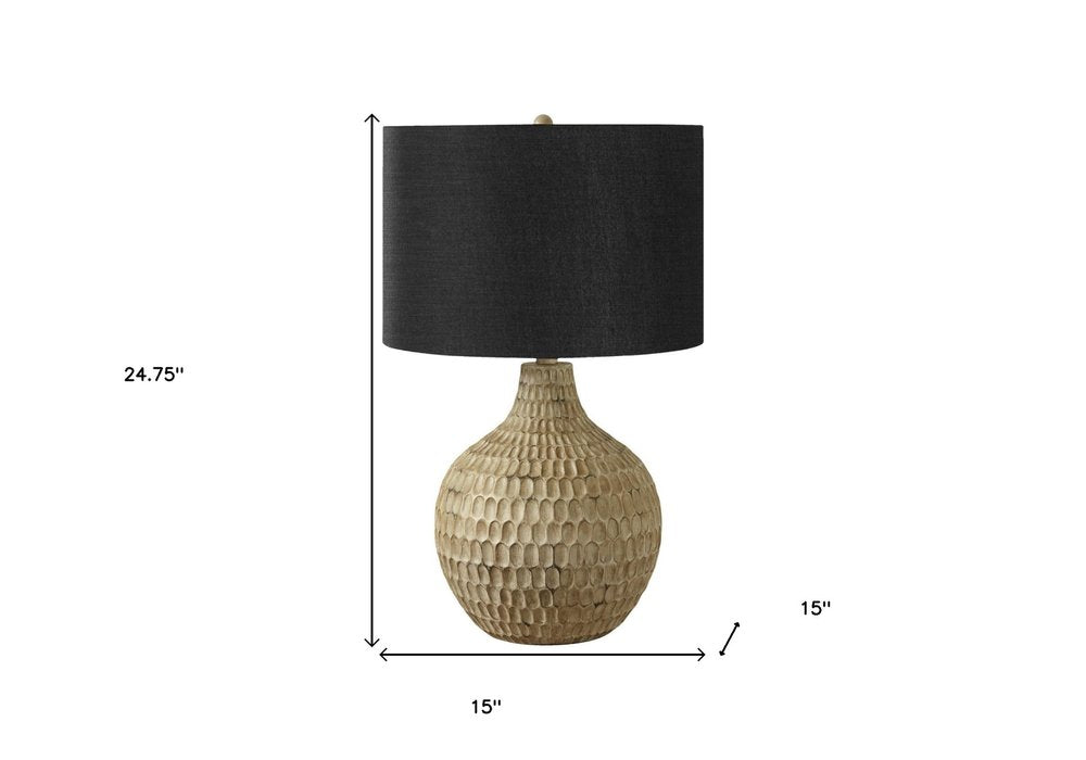 25" Brown Geometric Table Lamp With Black Drum Shade. Table lamp isolated on a plain white background, in a black finish.