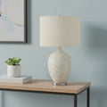 28" White and Silver Ceramic Round Table Lamp With Cream Drum Shade. Table lamp in cream ceramic.