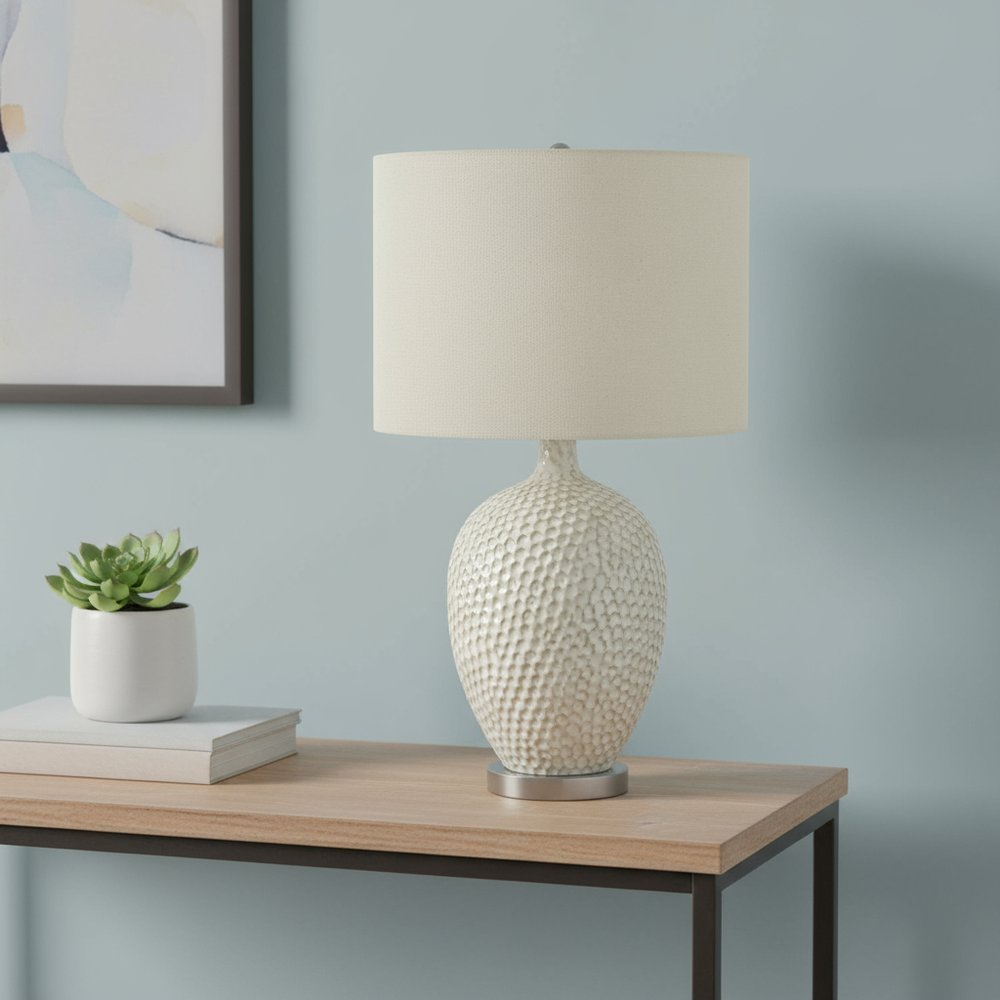 28" White and Silver Ceramic Round Table Lamp With Cream Drum Shade. Table lamp in cream ceramic.