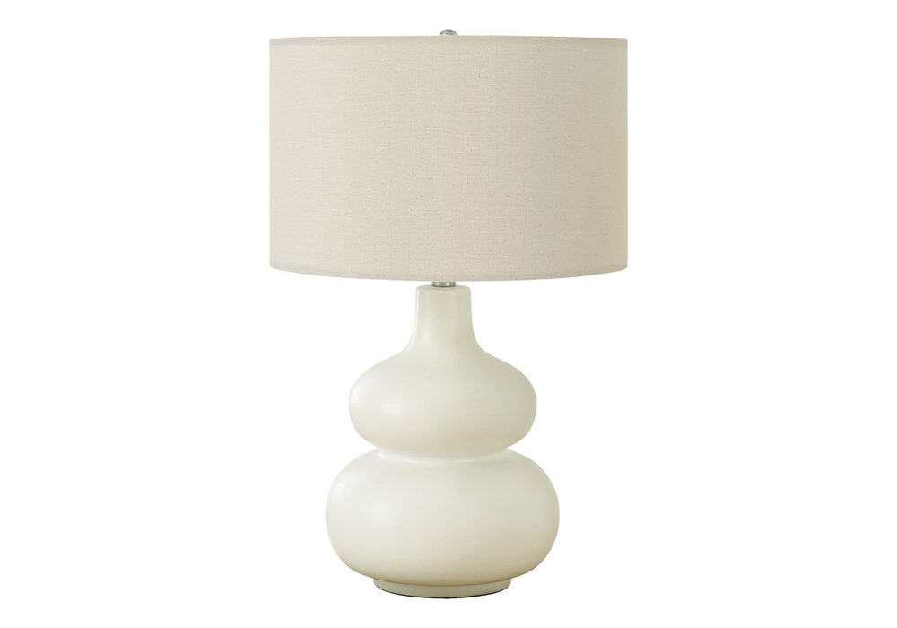 25" Cream Ceramic Gourd Table Lamp With Cream Drum Shade. Table lamp isolated on a plain white background, showing a cream ceramic surface.