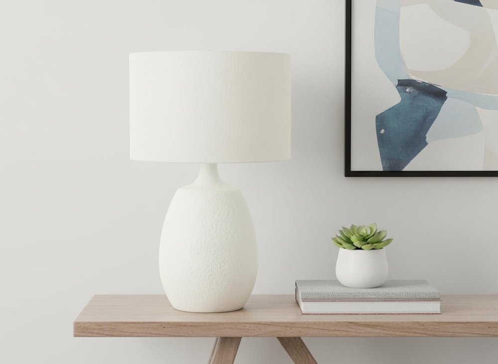 26" Cream Gourd Table Lamp With Cream Drum Shade. Table lamp in cream.