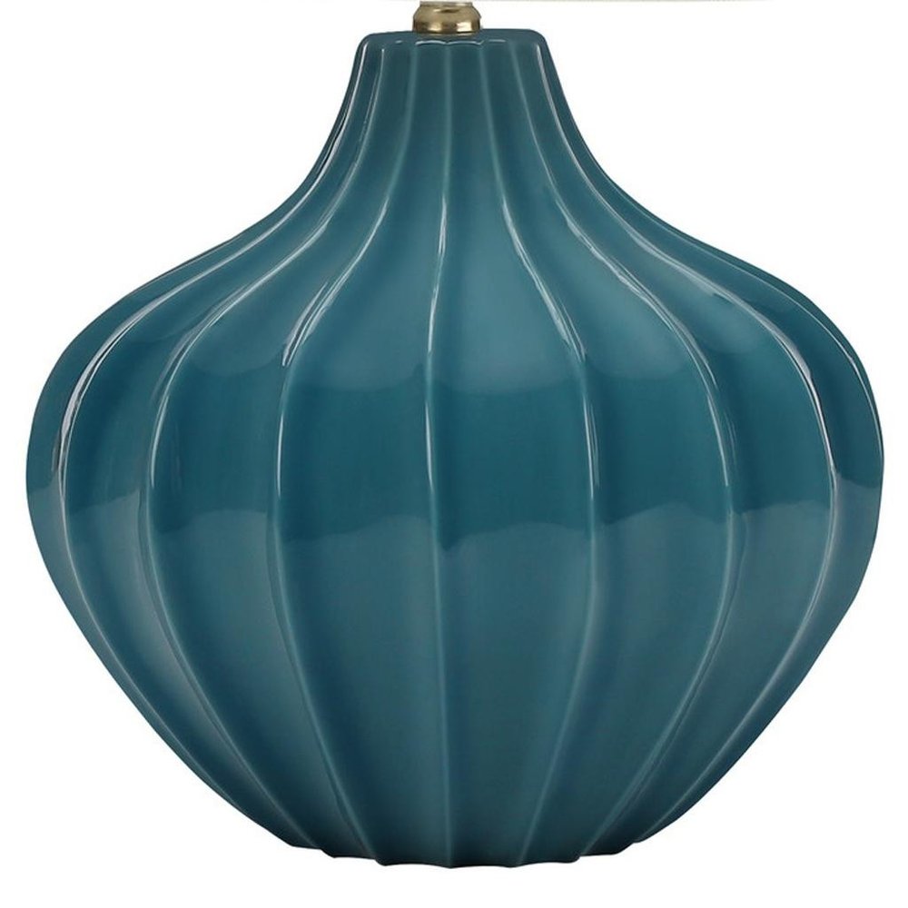 24" Blue Ceramic Gourd Table Lamp With Cream Empire Shade. Table lamp isolated on a plain white background, finished in cream ceramic.