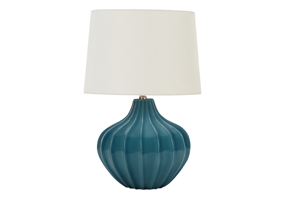 24" Blue Ceramic Gourd Table Lamp With Cream Empire Shade. Table lamp isolated on a plain white background, in a cream ceramic finish.