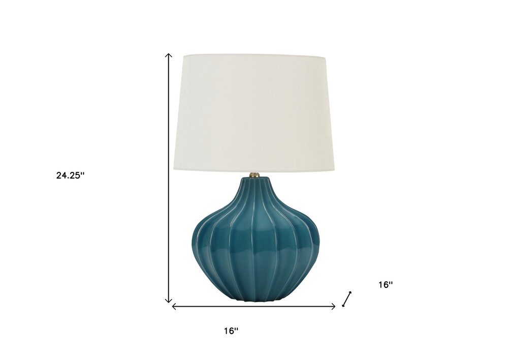 24" Blue Ceramic Gourd Table Lamp With Cream Empire Shade. Table lamp isolated on a plain white background, in a cream ceramic finish.
