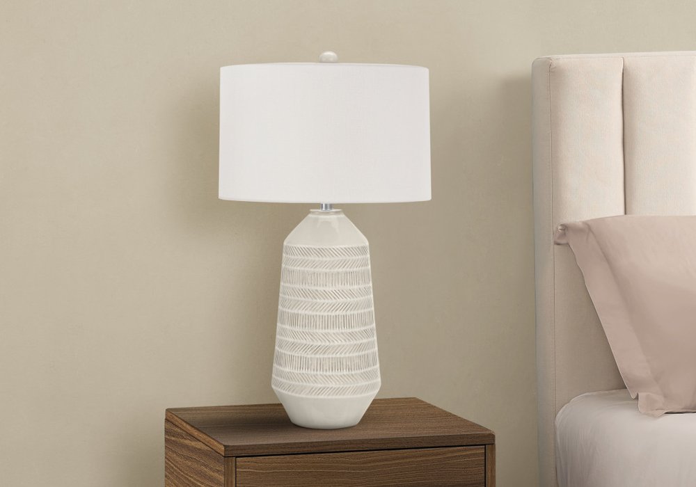 Close-up of 33" Ivory Ceramic Geometric Table Lamp With Cream Drum Shade showing the ivory ceramic texture.
