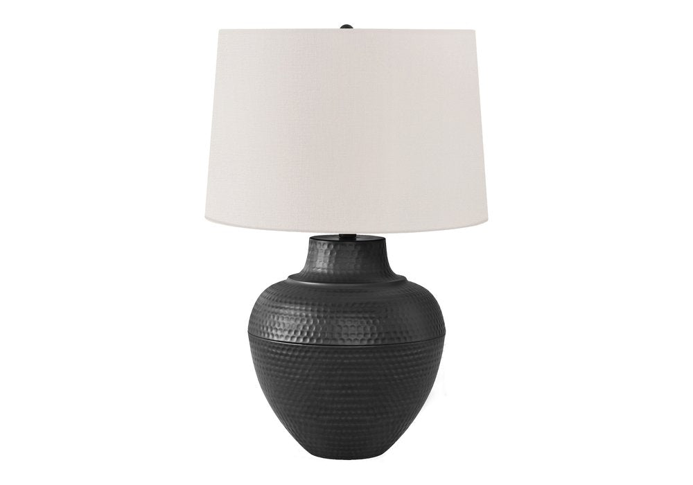26" Black Metal Urn Table Lamp With Cream Empire Shade. Table lamp isolated on a plain white background, finished in cream metal.