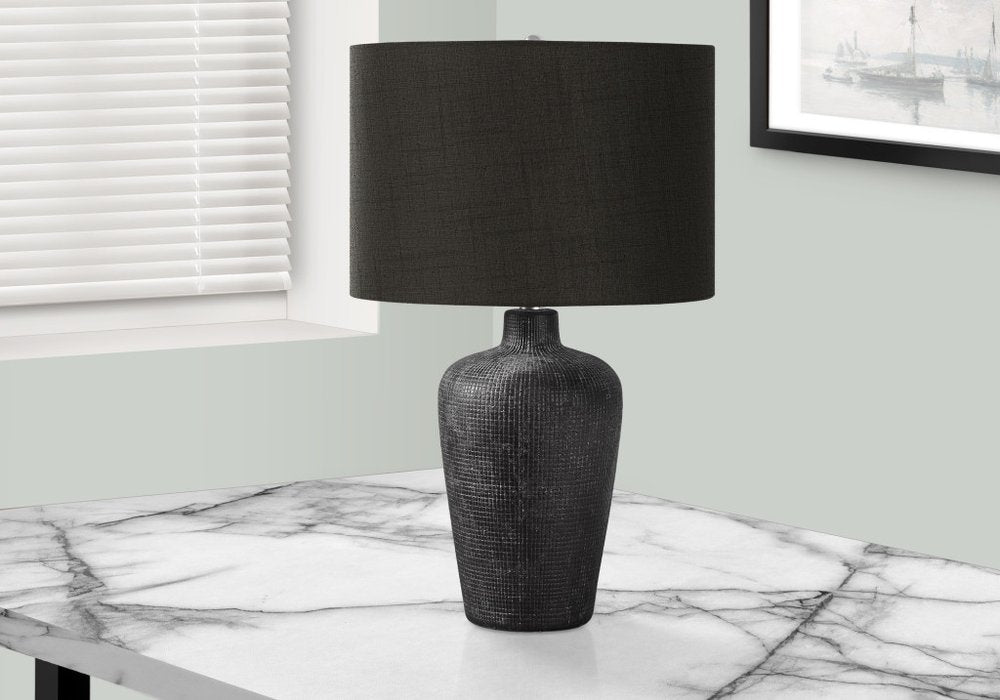24" Black Ceramic Round Table Lamp With Black Drum Shade. Table lamp in black ceramic.