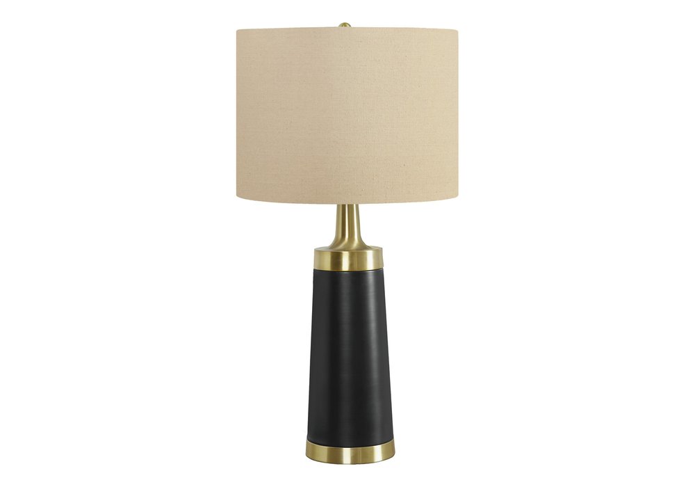 28" Black and Gold Metal Cylinder Table Lamp With Beige Drum Shade. Table lamp isolated on a plain white background, finished in beige metal.