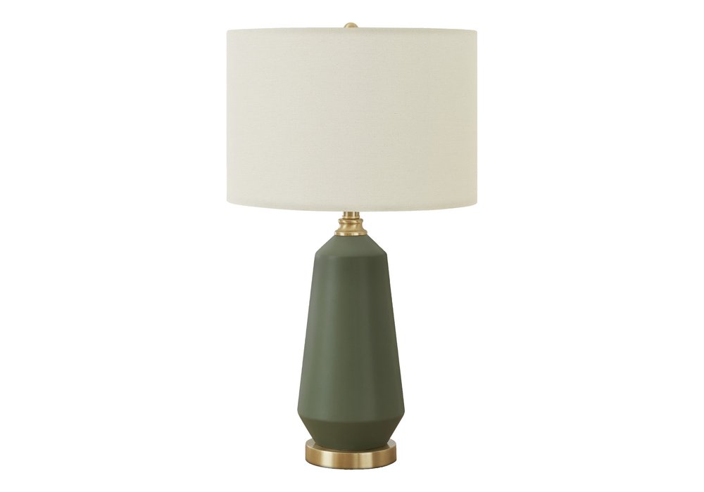 26" Green Ceramic Geometric Table Lamp With Ivory Drum Shade. Table lamp isolated on a plain white background, finished in ivory ceramic.