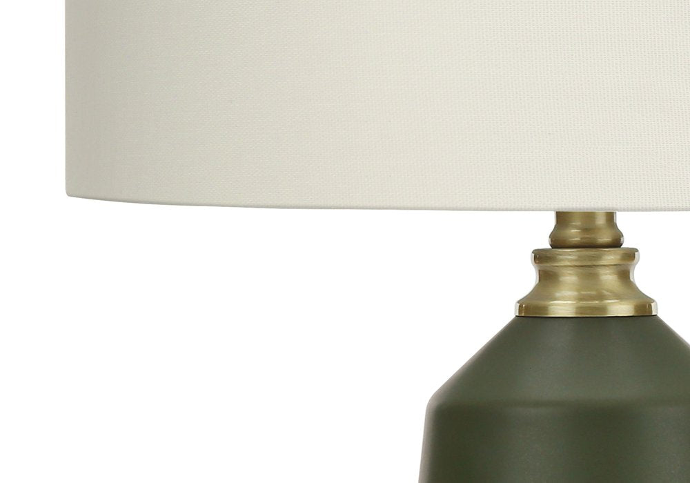 26" Green Ceramic Geometric Table Lamp With Ivory Drum Shade. Table lamp in ivory ceramic.