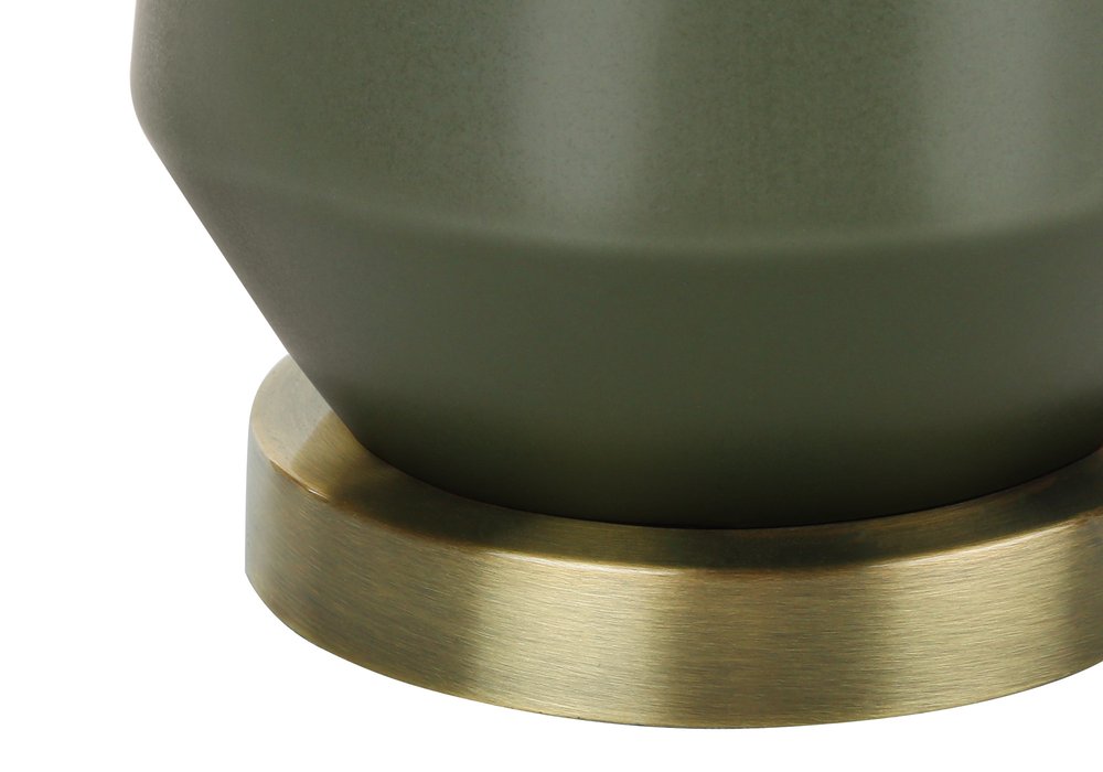 26" Green Ceramic Geometric Table Lamp With Ivory Drum Shade. Table lamp isolated on a plain white background, finished in green ceramic.