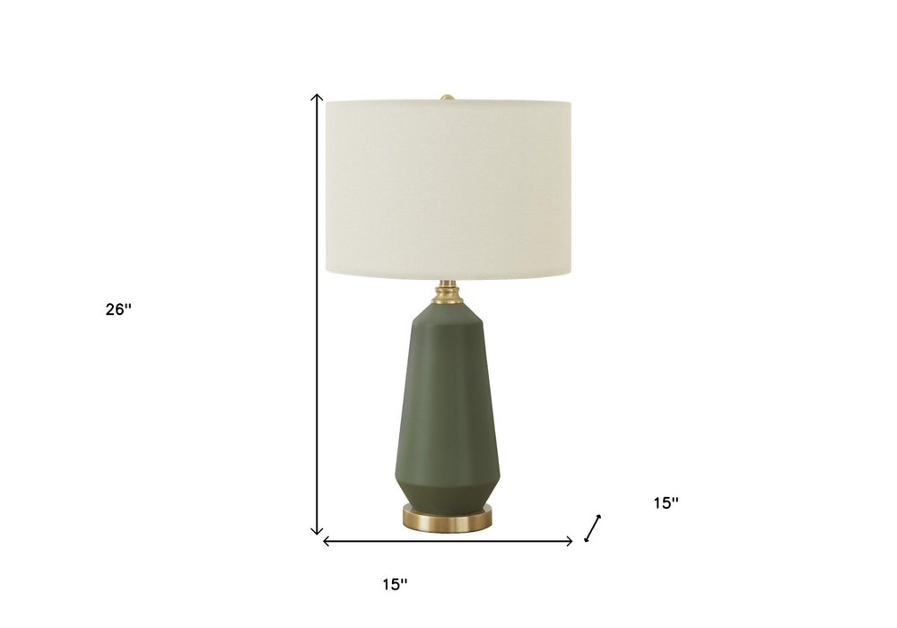 26" Green Ceramic Geometric Table Lamp With Ivory Drum Shade. Table lamp isolated on a plain white background, in a ivory ceramic finish.