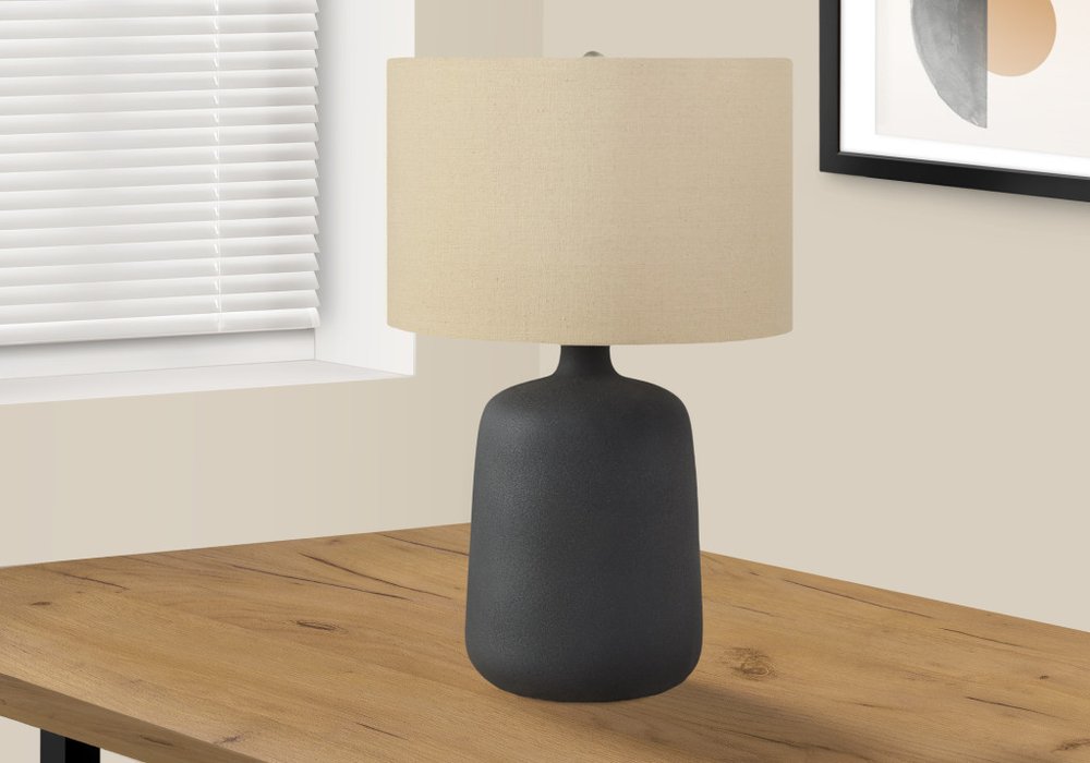 24" Black Ceramic Round Table Lamp With Beige Drum Shade. Table lamp in beige ceramic.