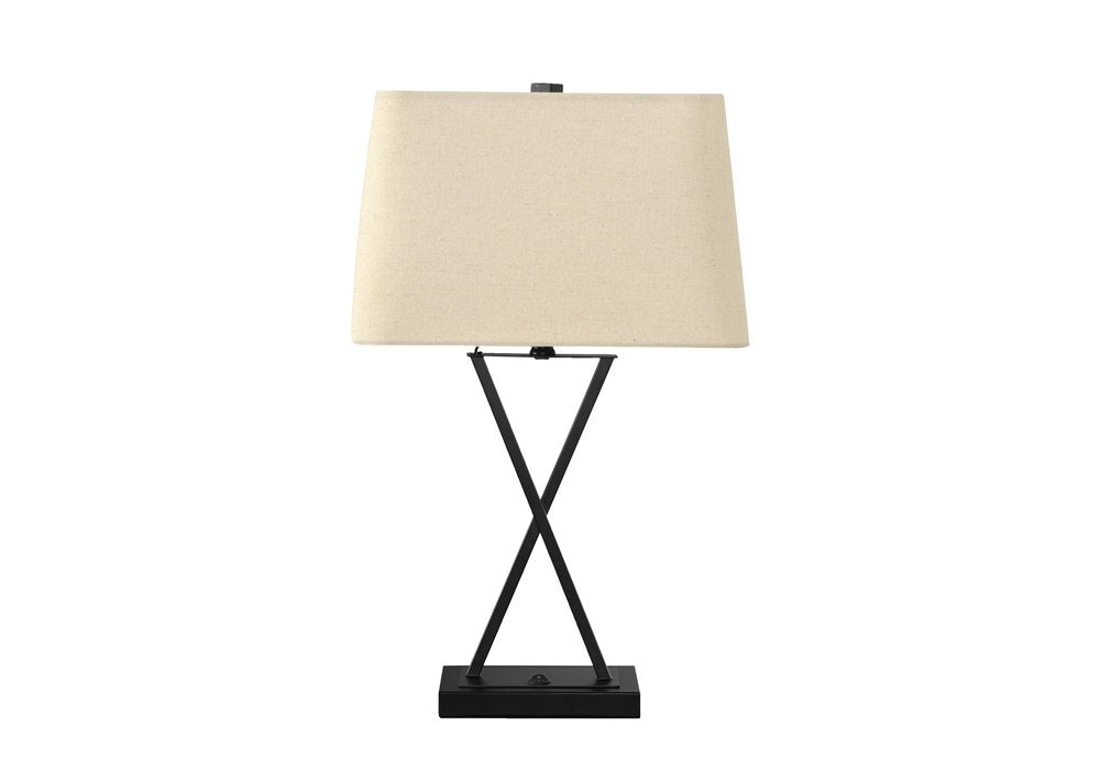 25" Black Metal Geometric USB Table Lamp With Beige Shade. Table lamp isolated on a plain white background, showing a beige metal surface.