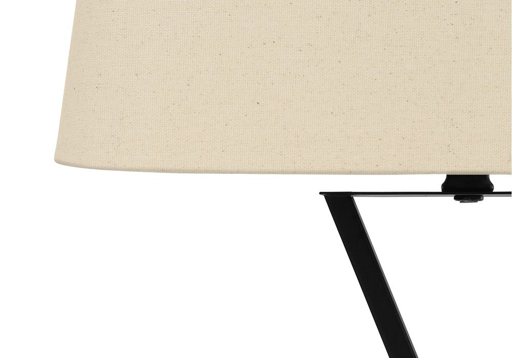 25" Black Metal Geometric USB Table Lamp With Beige Shade. Table lamp isolated on a plain white background, in a beige metal finish.