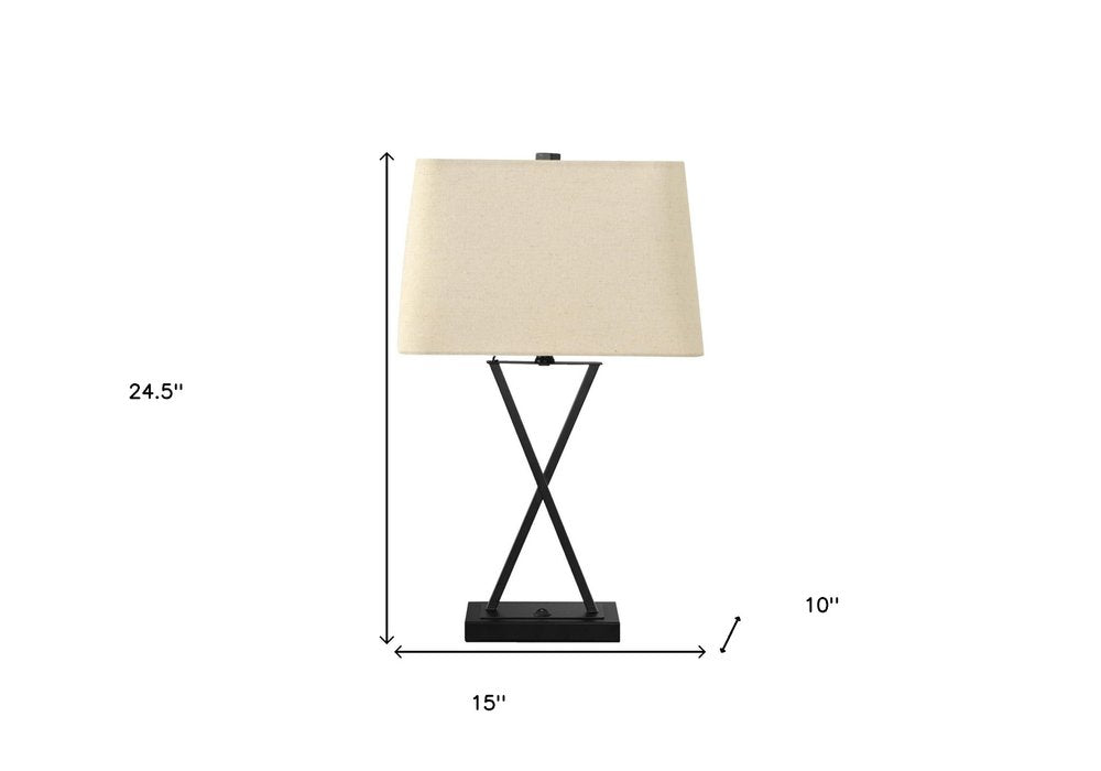 25" Black Metal Geometric USB Table Lamp With Beige Shade. Table lamp isolated on a plain white background, showing a beige metal surface.